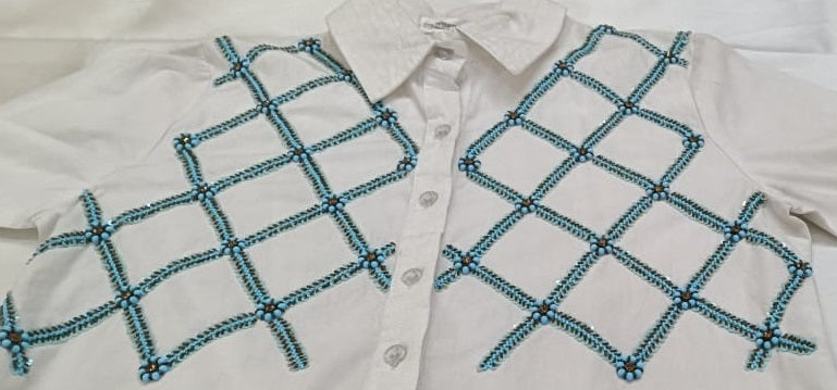 Women’s White Cotton Shirt with Blue Geometric Embroidery