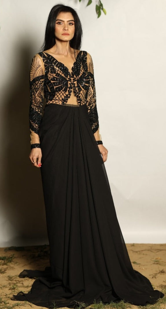 Nude & Black Embroidery Gown.