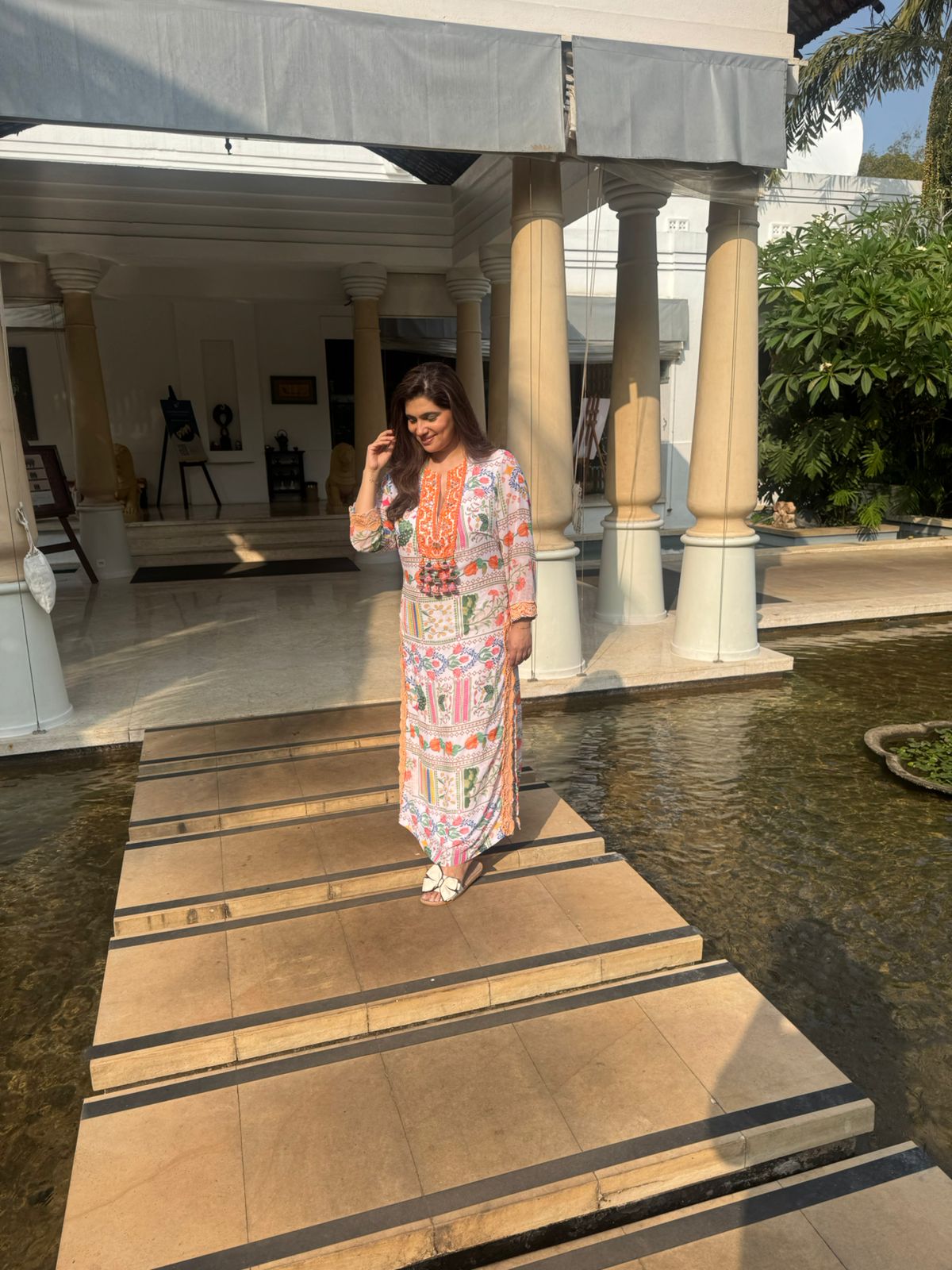 White & Orange Print Holiday Edit Kaftan