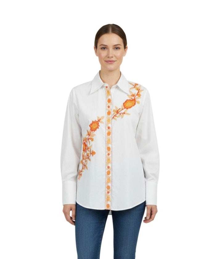 White Cotton Shirt with Orange Floral Embroidery