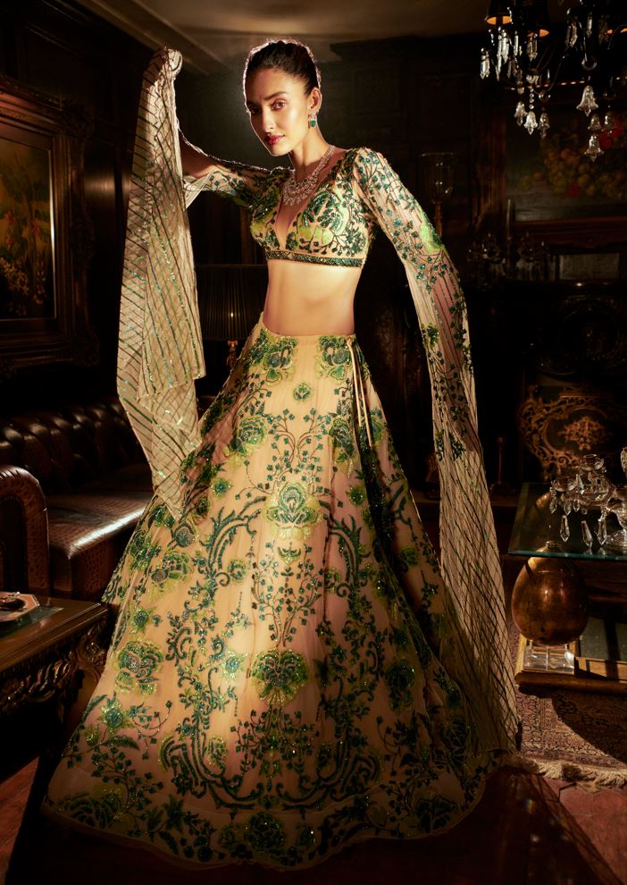 Emerald Green and nude Lehenga