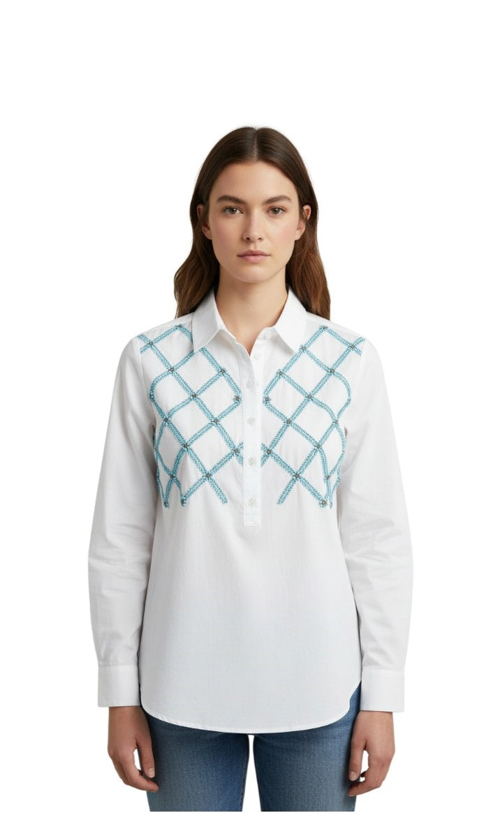 Women’s White Cotton Shirt with Blue Geometric Embroidery