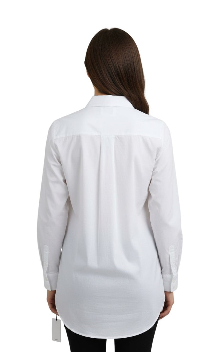 Women’s White Cotton Shirt with Blue Geometric Embroidery
