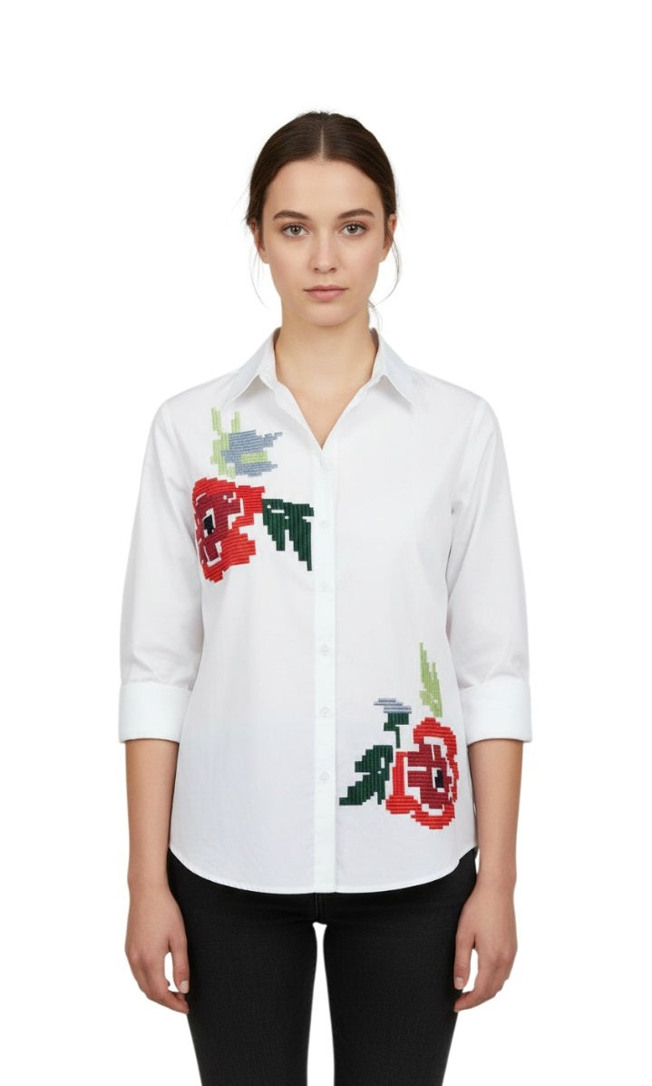 Women’s White Embroidered Shirt with Floral Motif