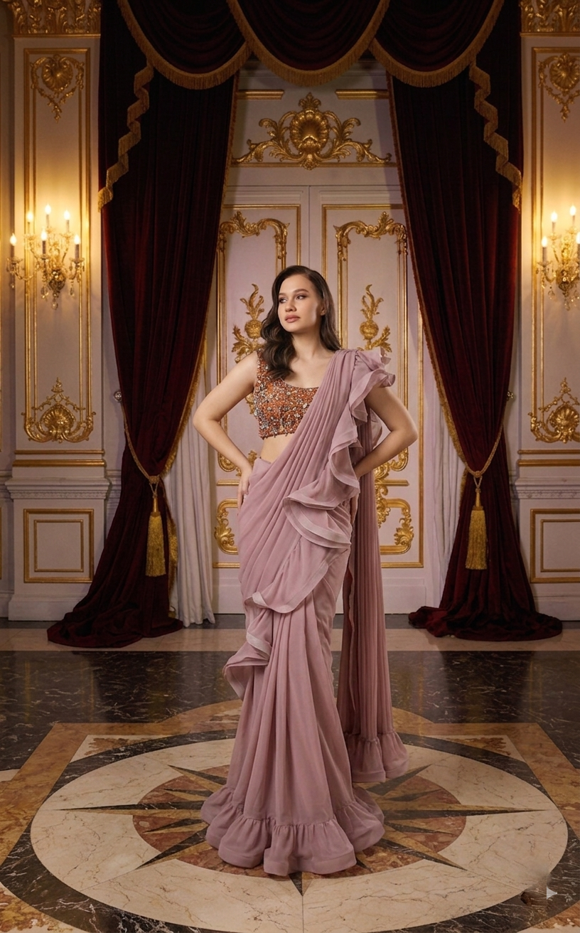 Blush Rose Ruffle Drape Saree
