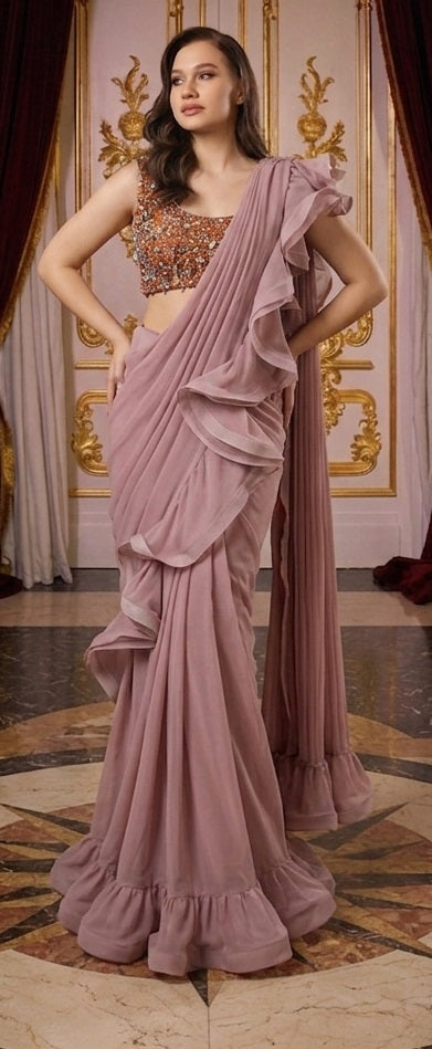 Blush Rose Ruffle Drape Saree