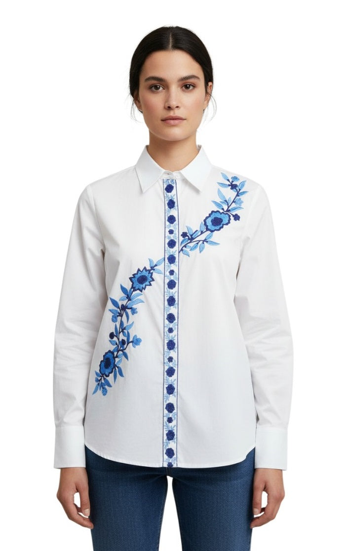 White Floral Embroidered Cotton Shirt – Elegant Casual Upper