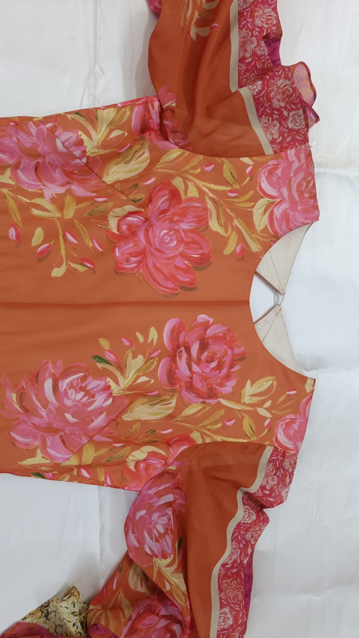 Orange Floral Printed Tiered Maxi Dress with Flared Sleeves