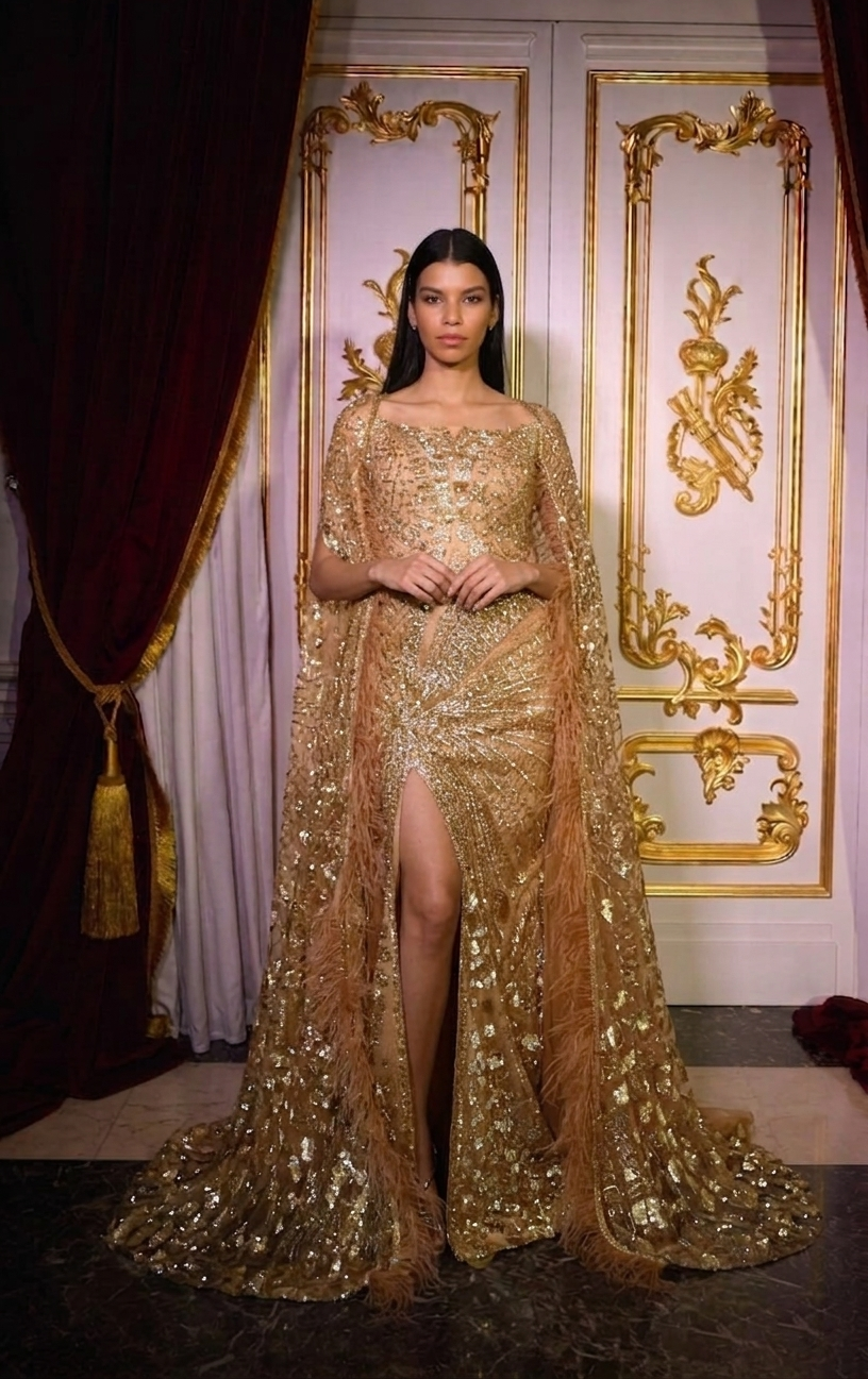 Champagne Gold Sequin Embellished Feather Cape Evening Gown