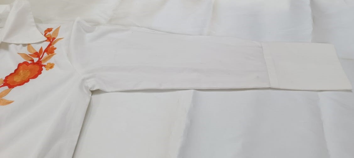 White Cotton Shirt with Orange Floral Embroidery