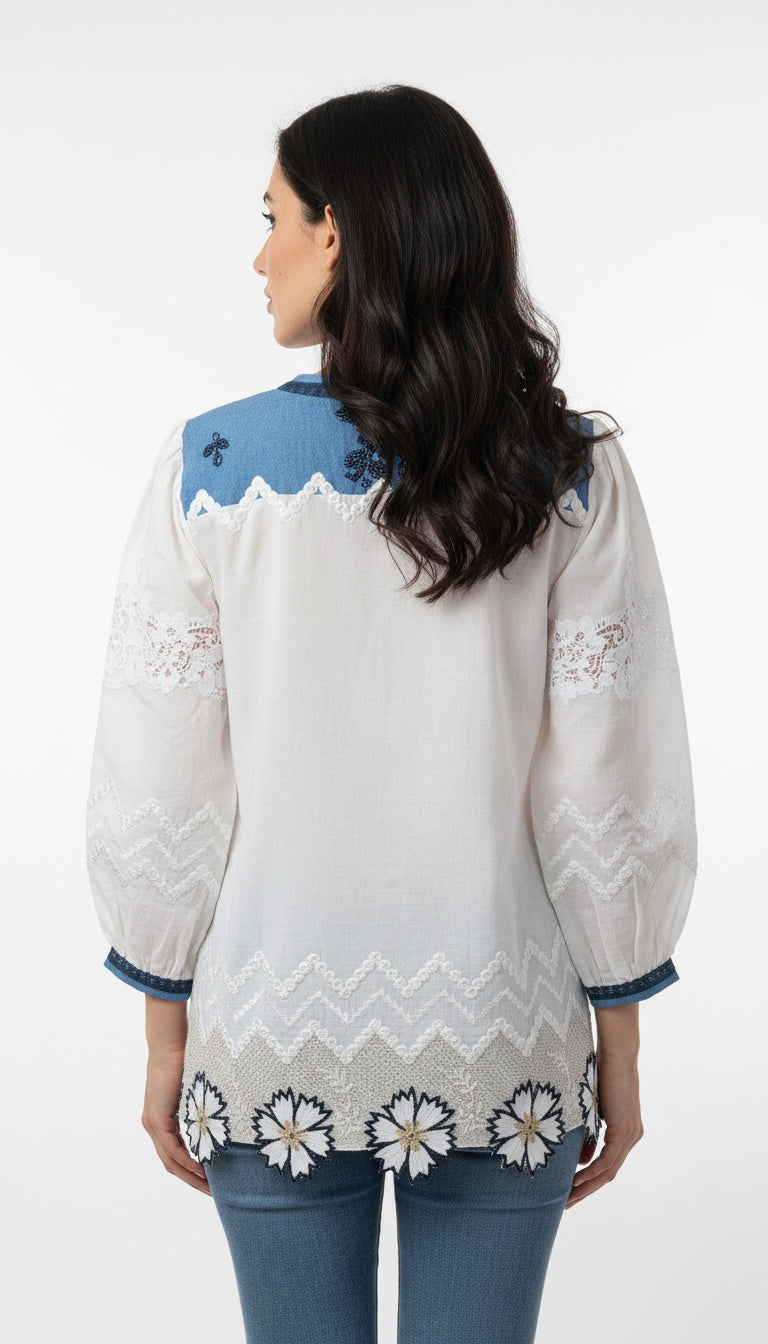 White Embroidered Tunic Top with Blue Yoke & Tassel Tie-Up