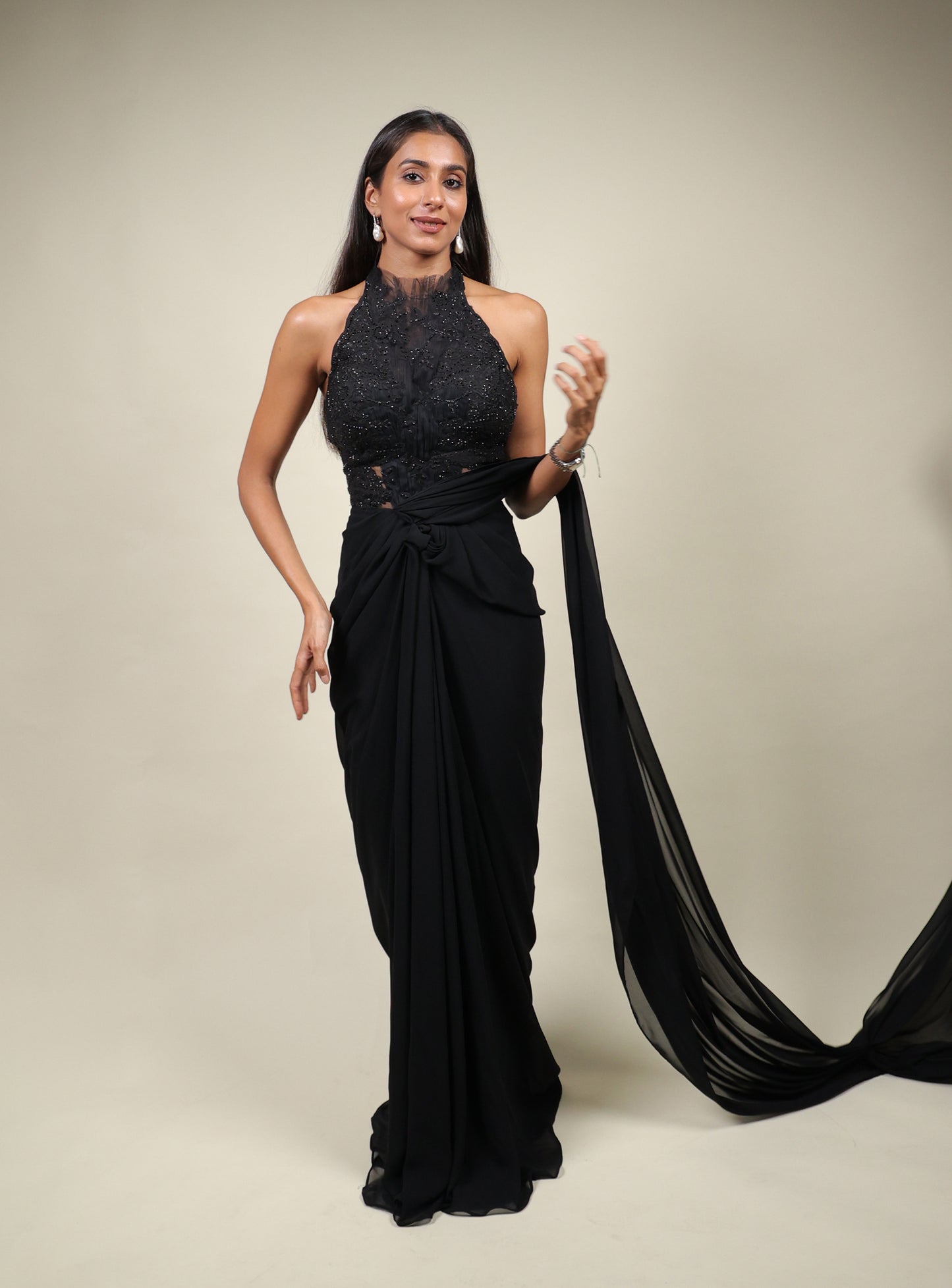 Black Halter Neck Pre-Draped Saree Mynah Designs Black Halter Neck Pre-Draped Saree Mynah Designs