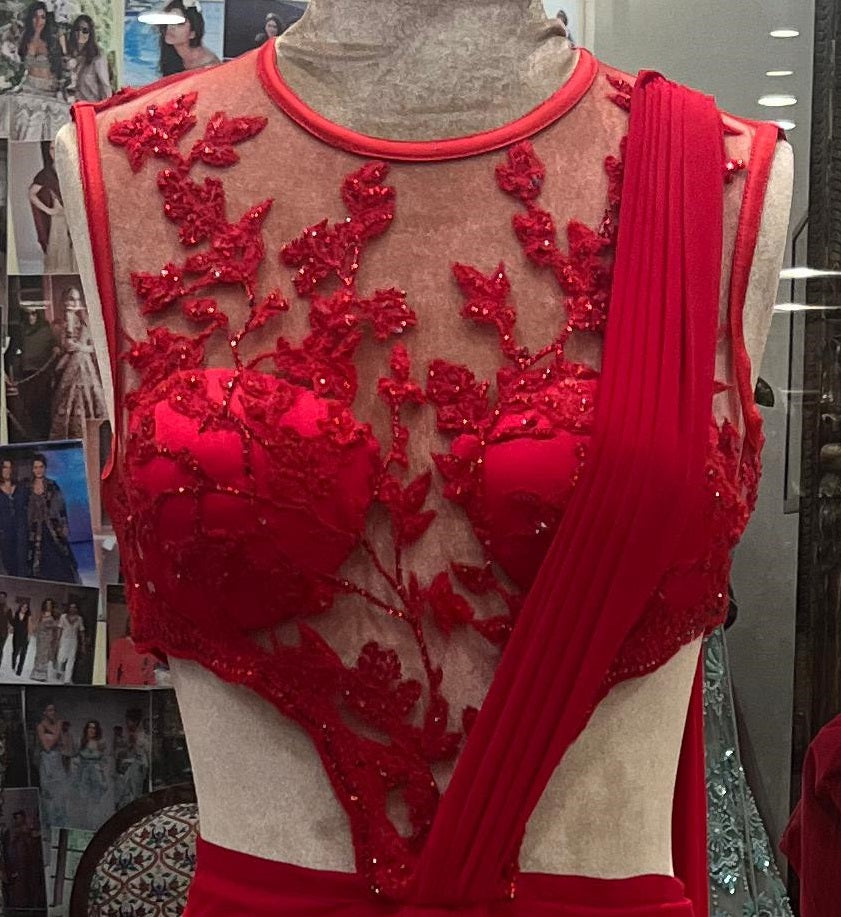 Designer Red Embroidered Cut-Out Saree with Contemporary Blouse