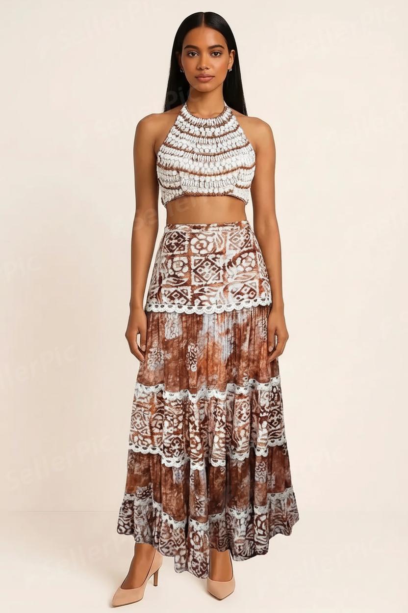 Bohemian Crochet Halter Top & Printed Maxi Skirt Two-Piece Set