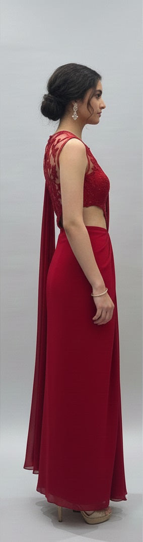 Designer Red Embroidered Cut-Out Saree with Contemporary Blouse