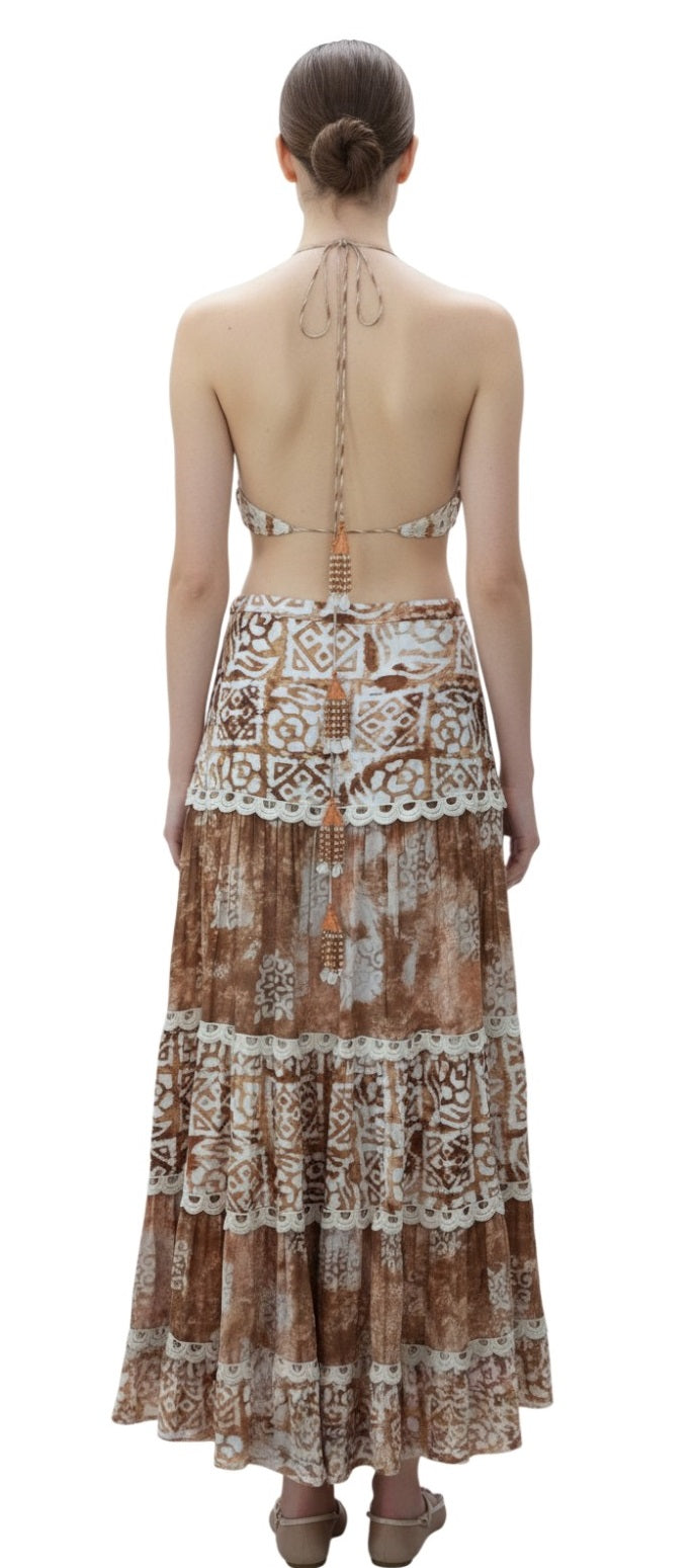 Bohemian Crochet Halter Top & Printed Maxi Skirt Two-Piece Set