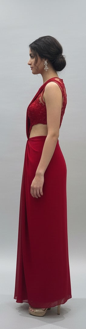 Designer Red Embroidered Cut-Out Saree with Contemporary Blouse