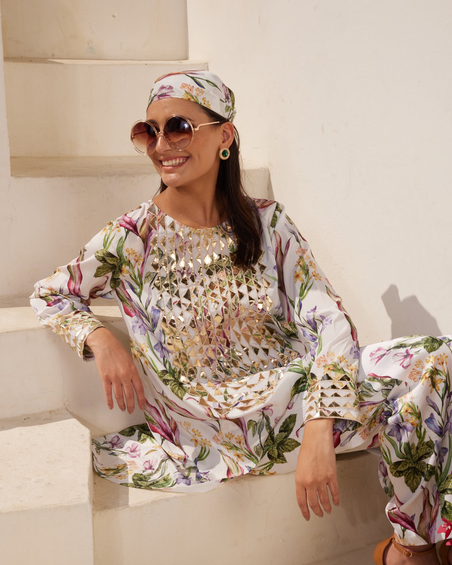 Floral Printed Mirror Work Top for Women