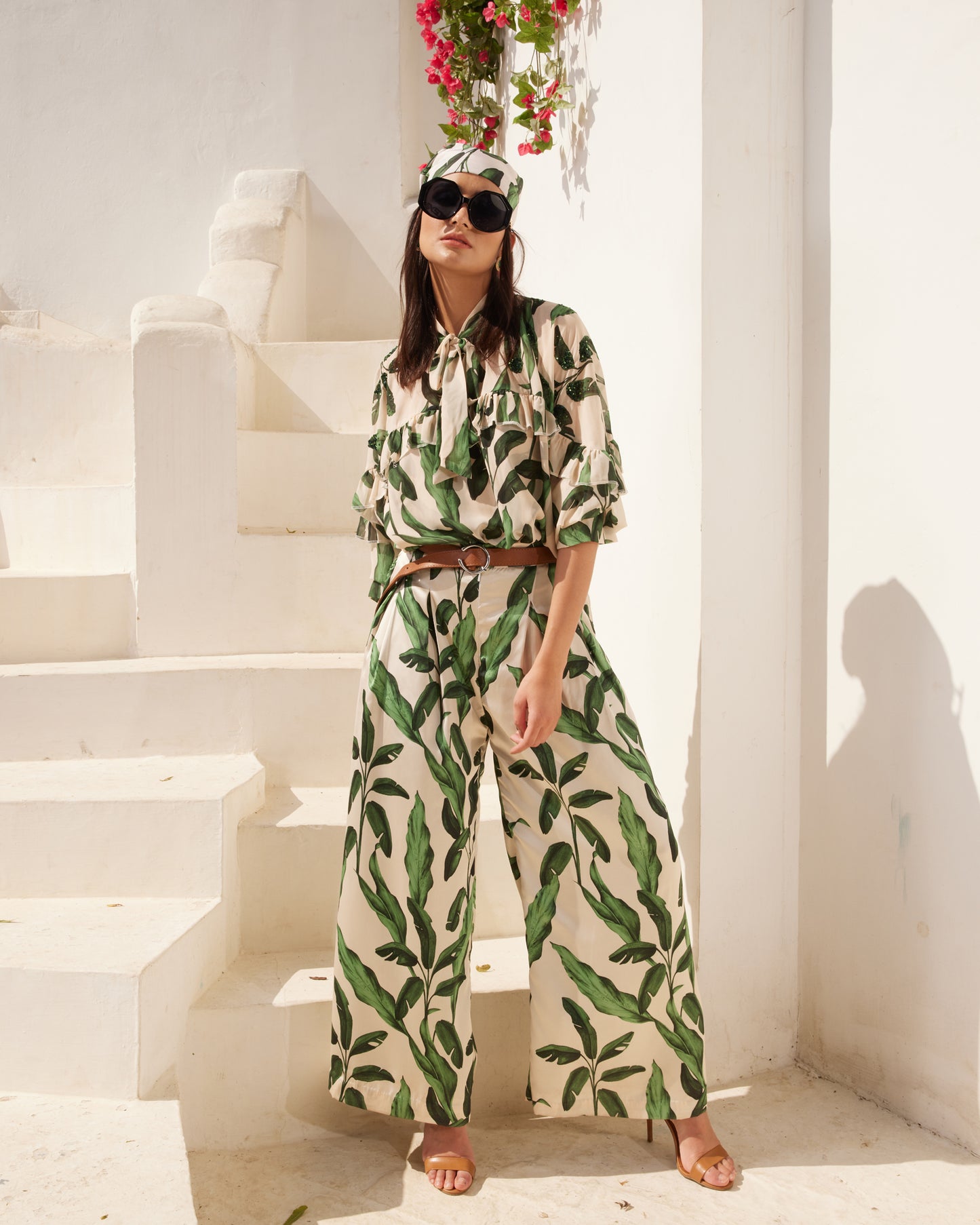 Chic Leaf Print Two-Piece Set