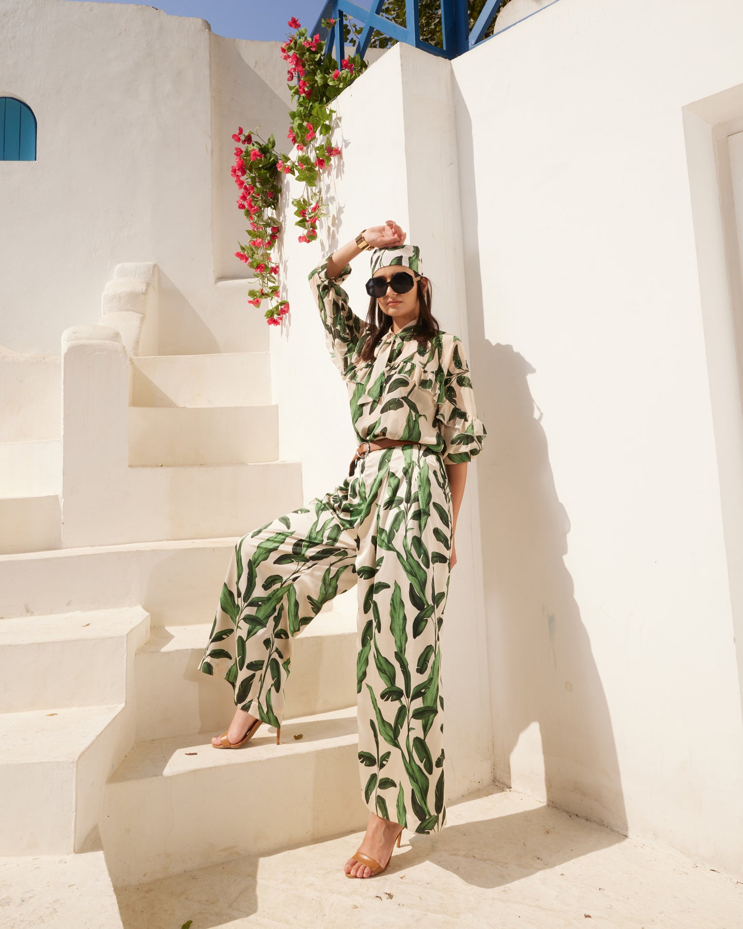 Chic Leaf Print Two-Piece Set