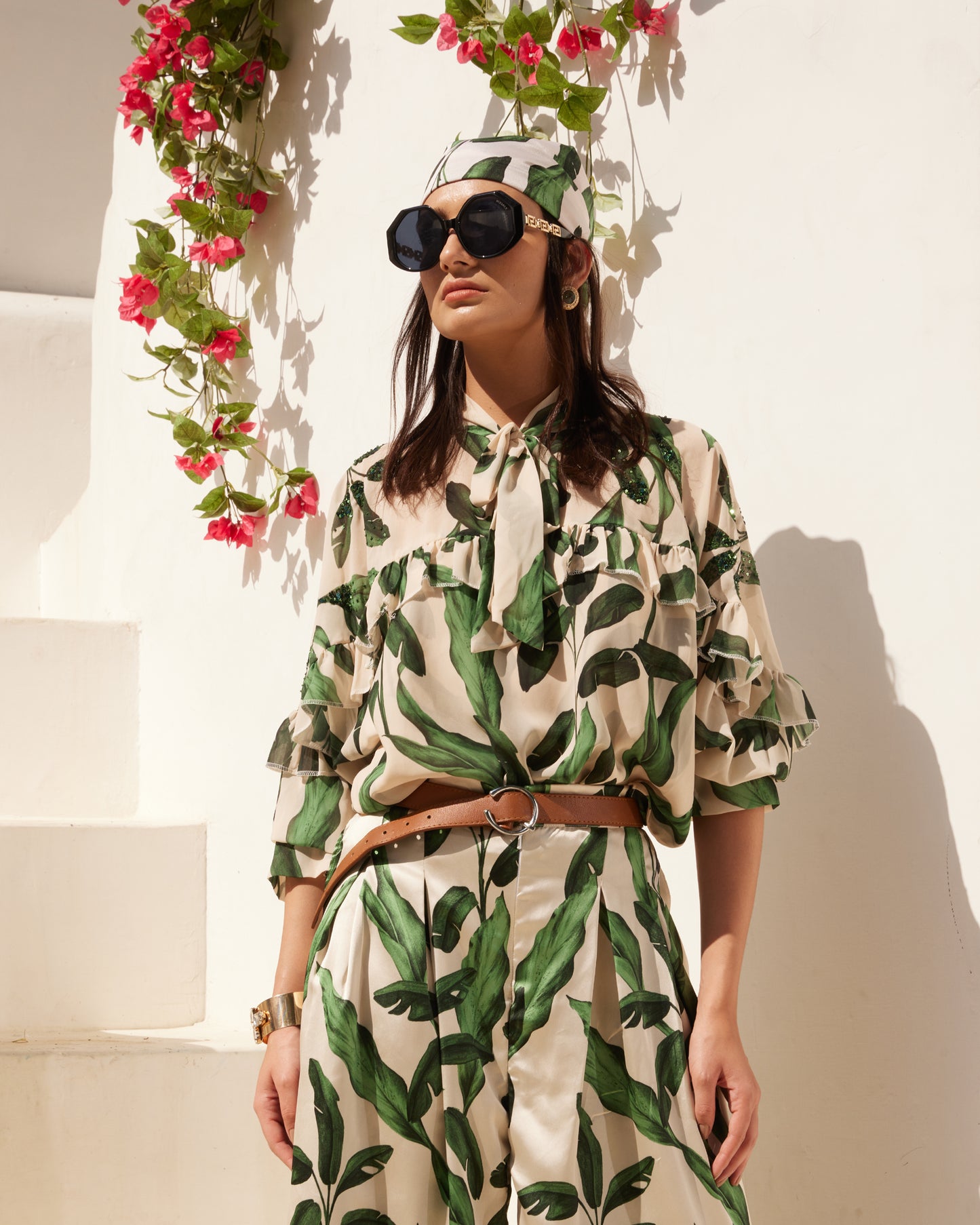 Chic Leaf Print Two-Piece Set