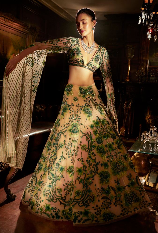 Emerald Green and nude Lehenga