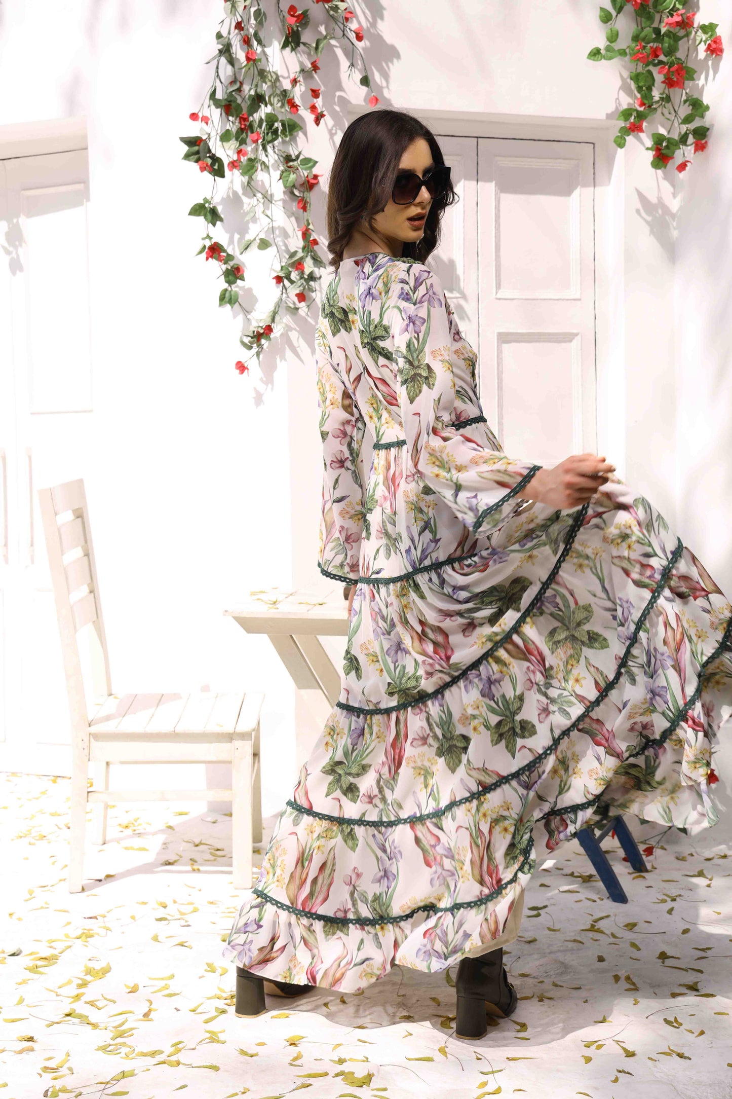 Elegant Floral Tiered Maxi Dress with Bell Sleeves