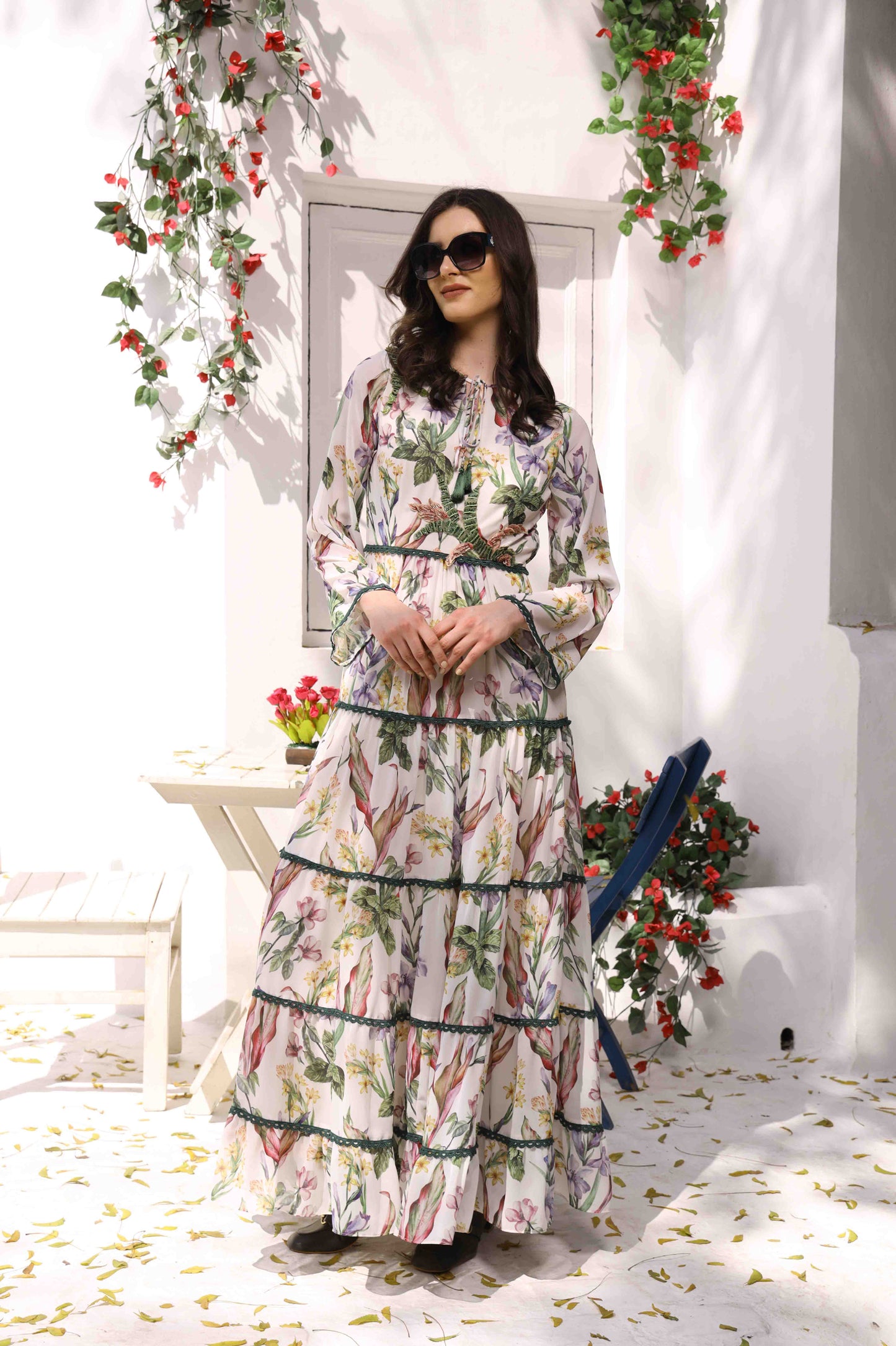 Elegant Floral Tiered Maxi Dress with Bell Sleeves