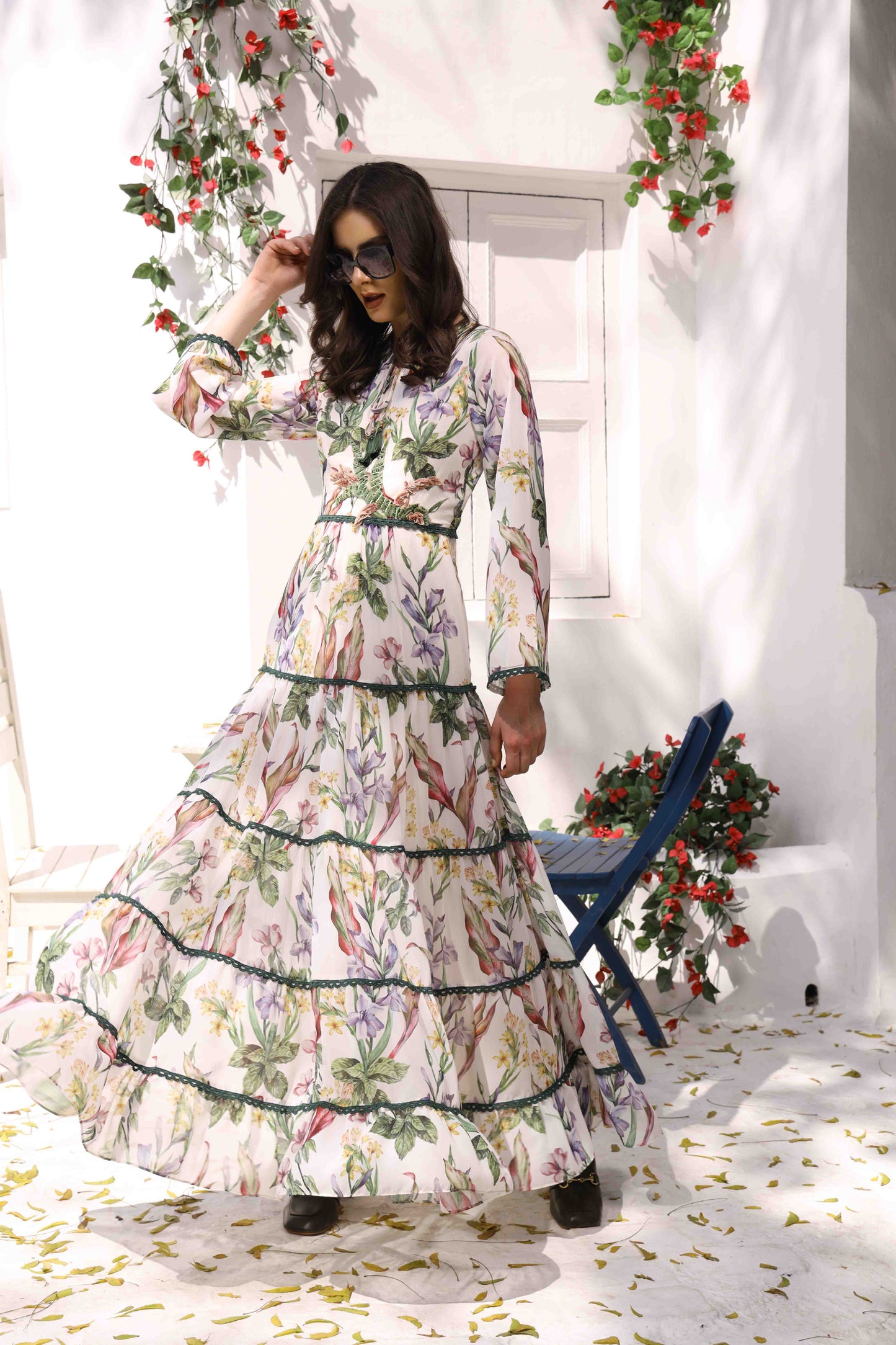 Elegant Floral Tiered Maxi Dress with Bell Sleeves
