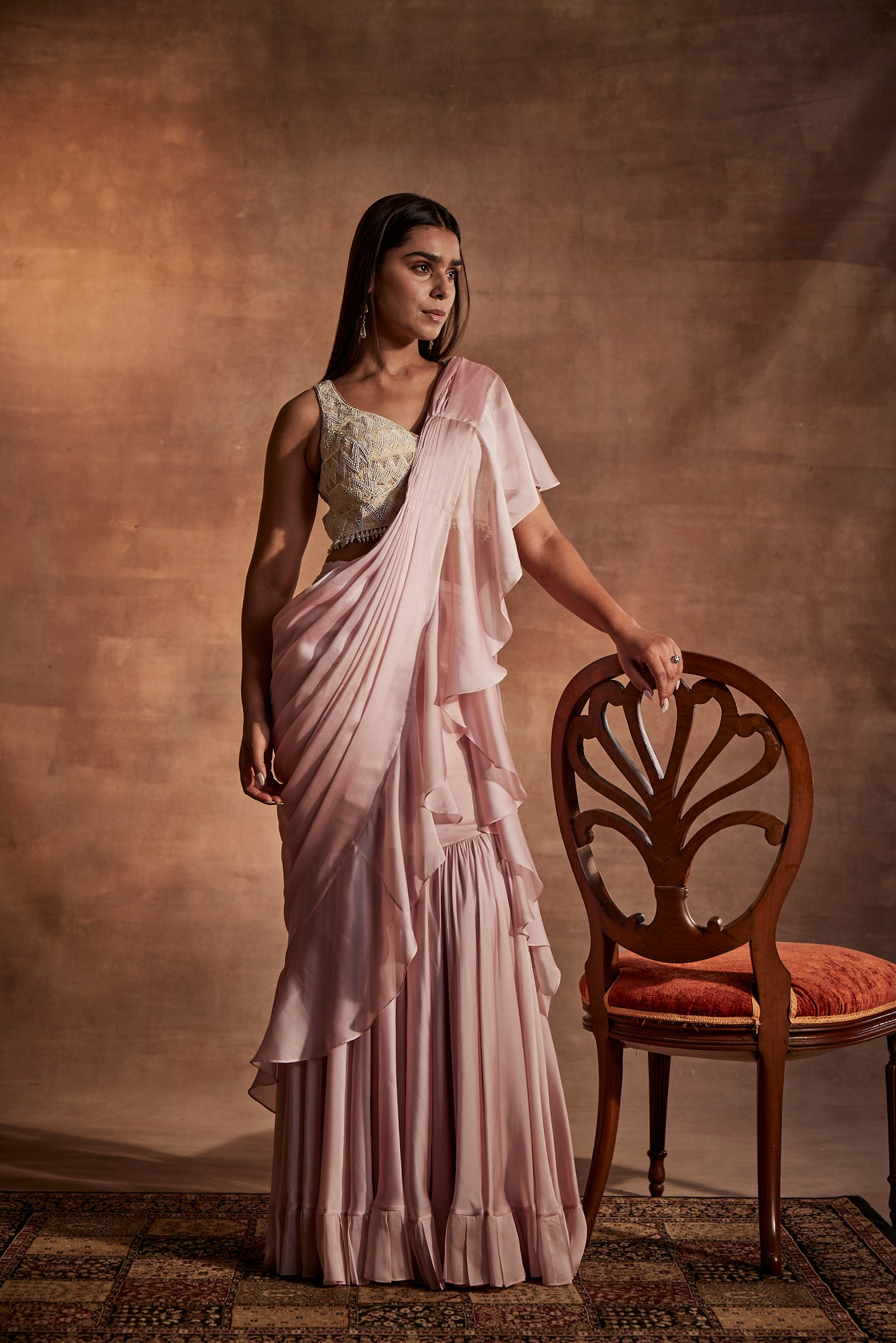 Designer Light Pink Drape Saree