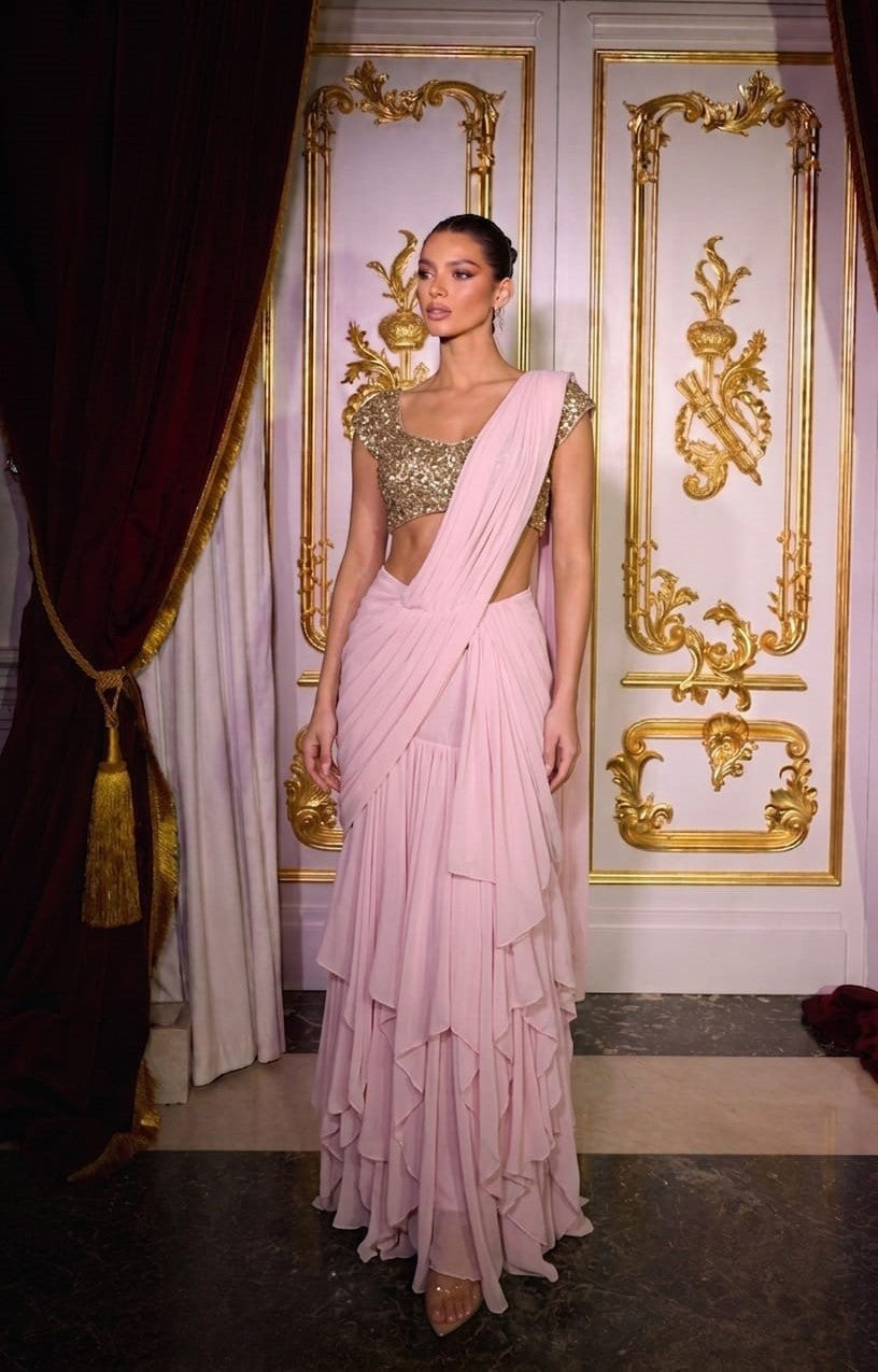 Blush Cascade Ruffle Drape Saree
