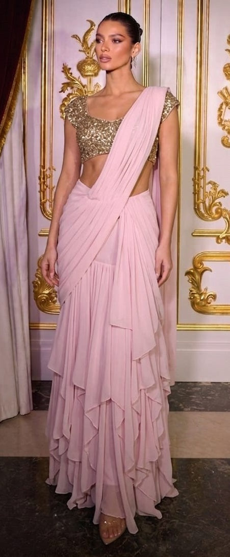Blush Cascade Ruffle Drape Saree