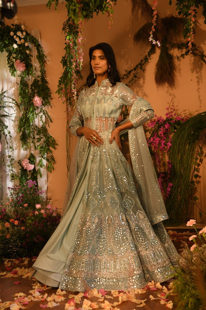 Powder Blue Achkan Jacket Lehenga Set