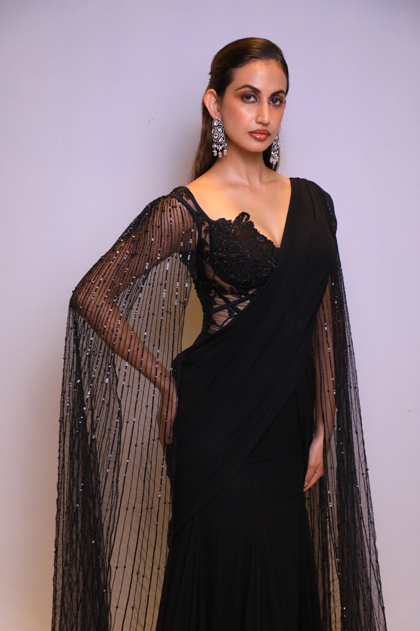 Black Embellished Drape Saree