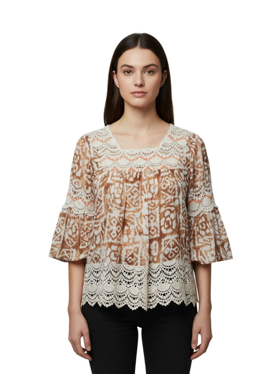 Women’s Brown Printed Lace Detail Top – Elegant Casual Upper