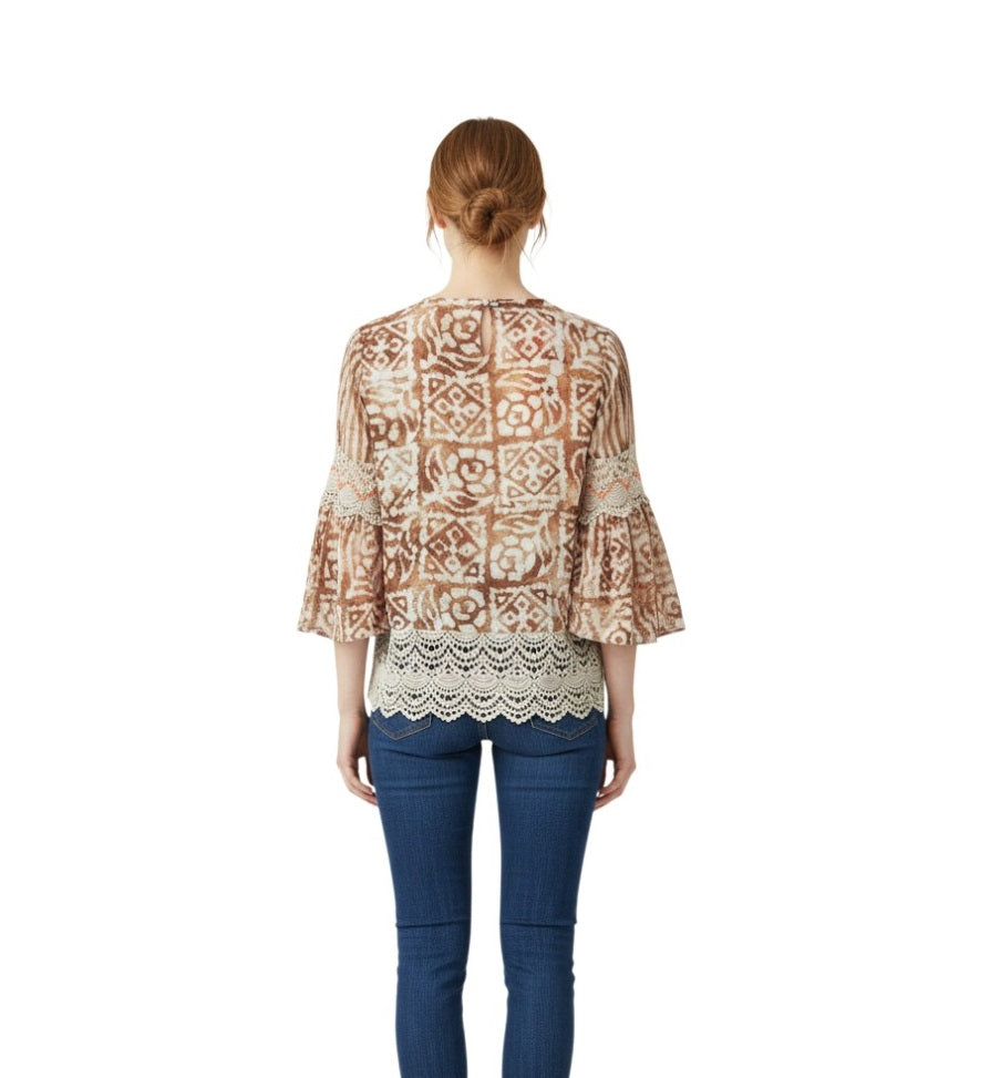 Women’s Brown Printed Lace Detail Top – Elegant Casual Upper