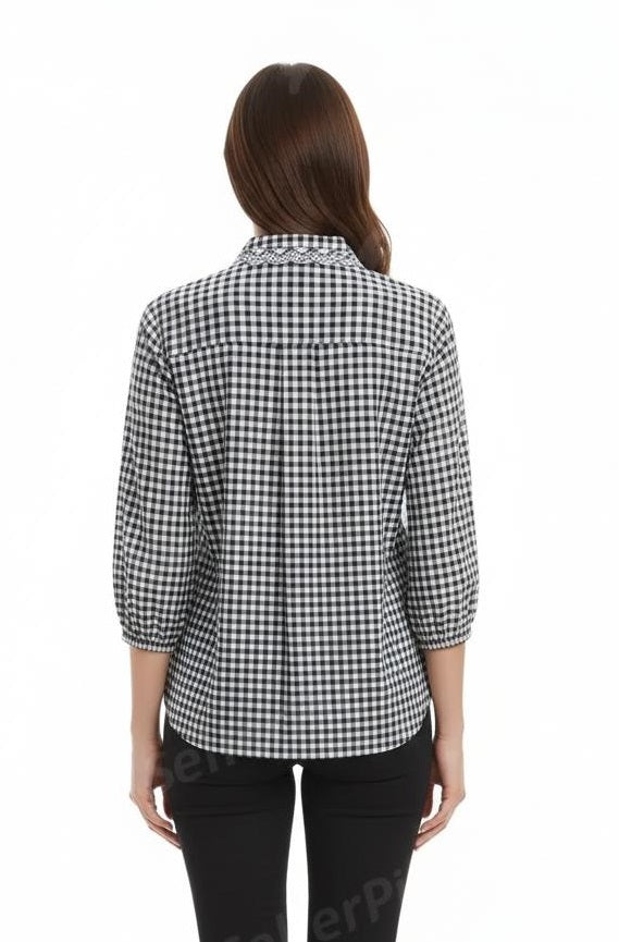 Black & White Gingham Shirt Top with Lace Trim Collar