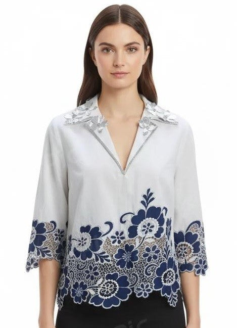 White Embroidered V-Neck Women’s Top with Floral Hem