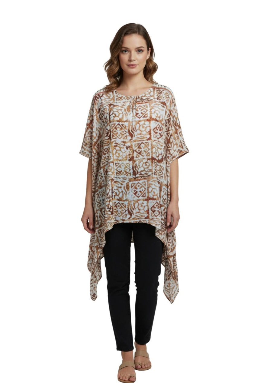 Women’s Brown Ethnic Print Asymmetrical Hem Top