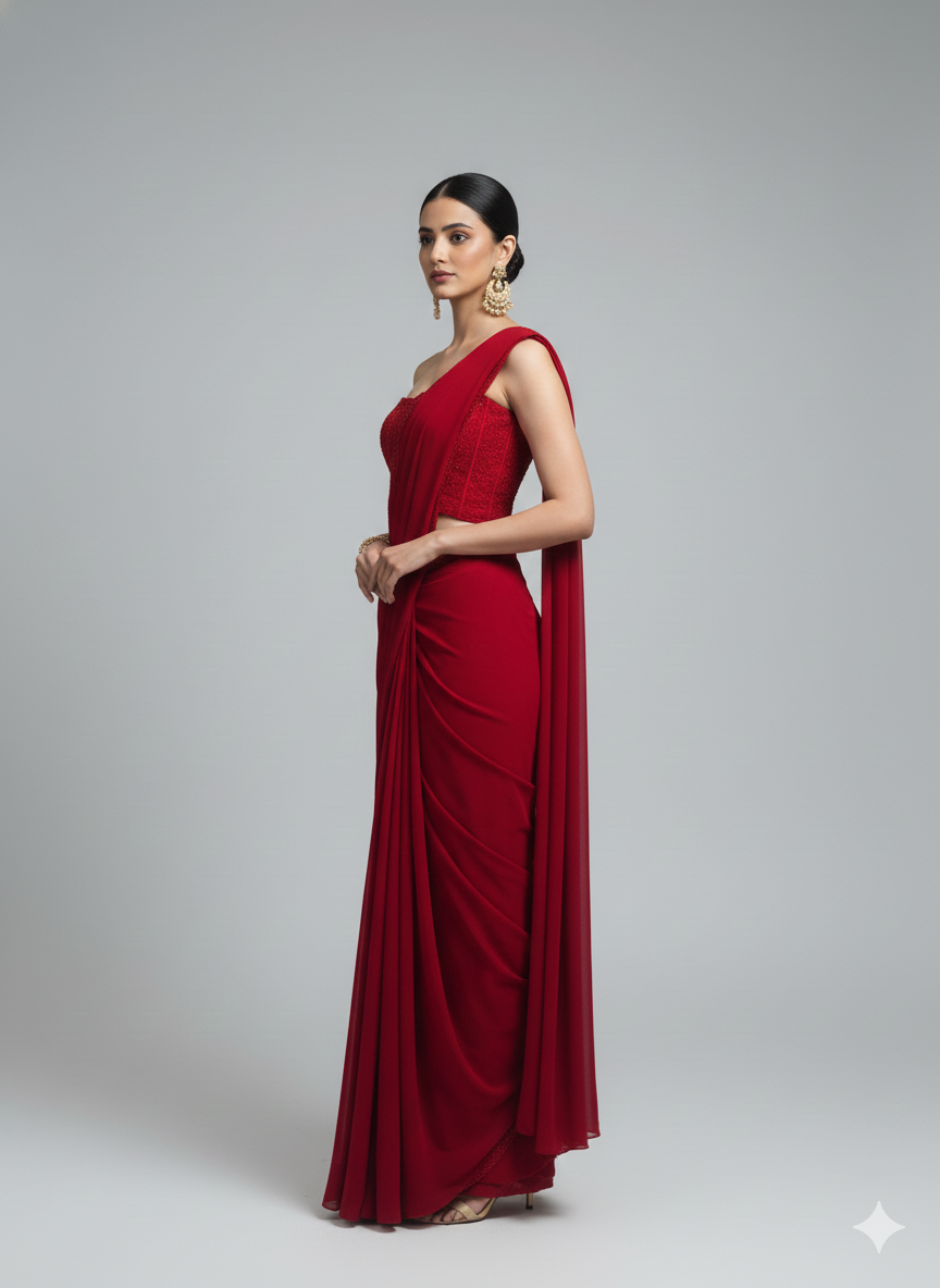 Luxury Red  Saree with Embellished Blouse
