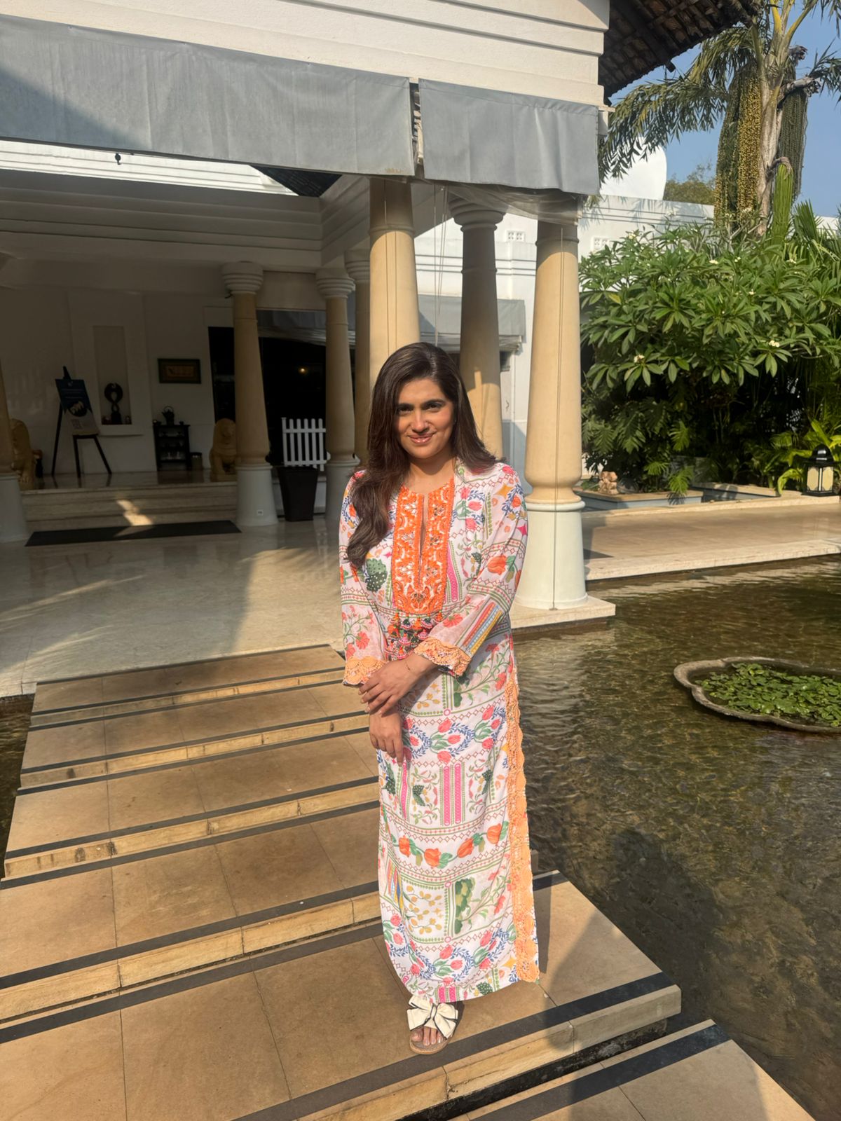 White & Orange Print Holiday Edit Kaftan
