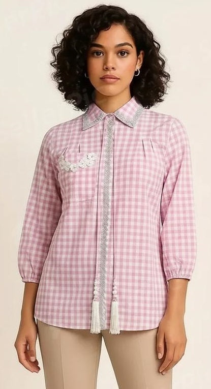 Pink Gingham Checked Women’s Shirt with Lace Detailing