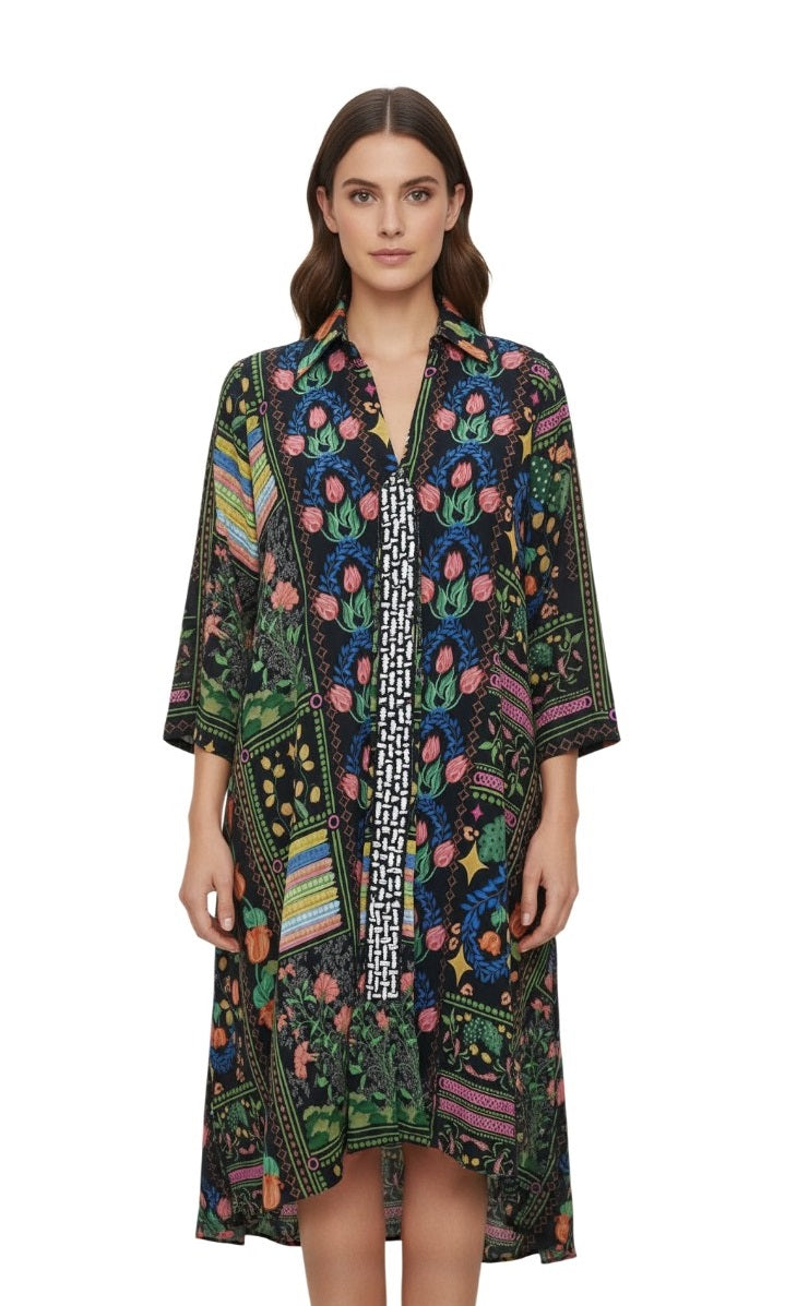 Floral Patchwork Print Button-Front Midi Dress