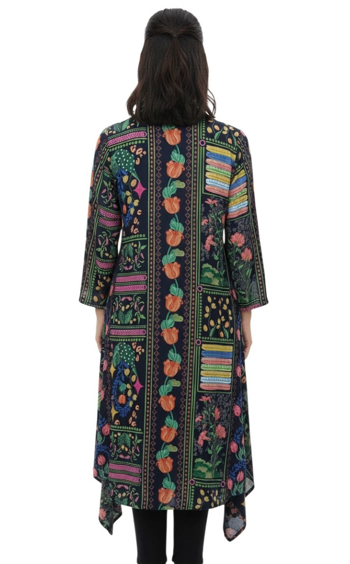 Floral Patchwork Print Button-Front Midi Dress