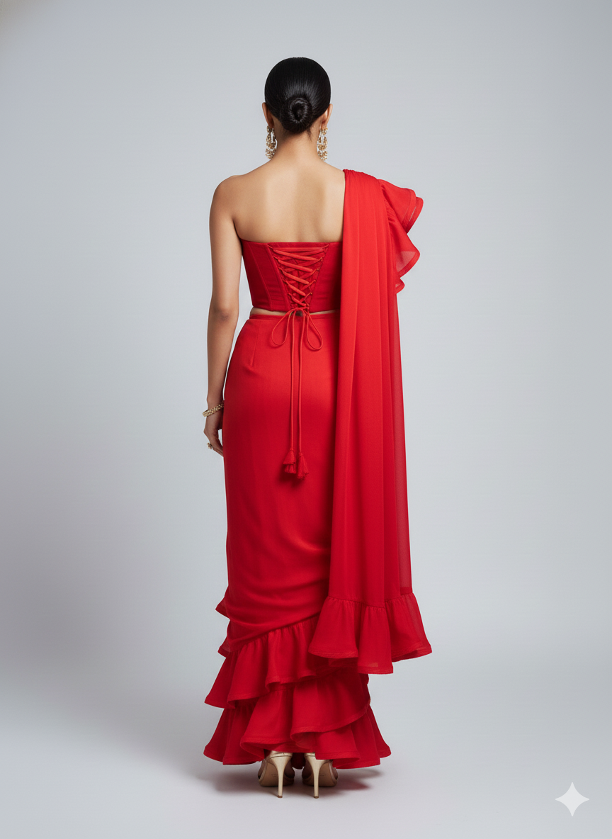 Designer Red Ruffle  Saree with Contemporary Draping