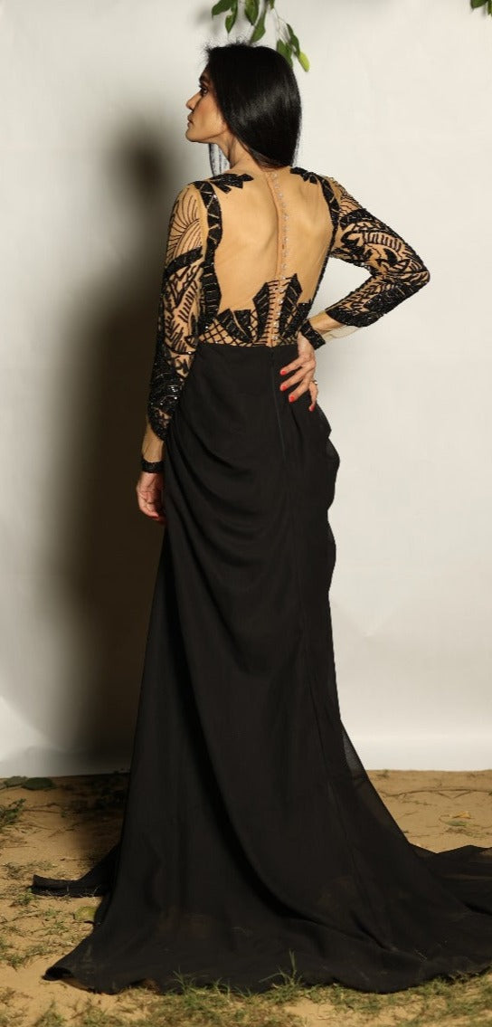 Nude & Black Embroidery Gown.