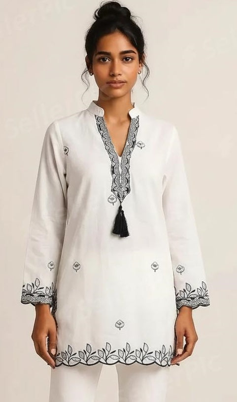Ivory White Embroidered Kurti Top