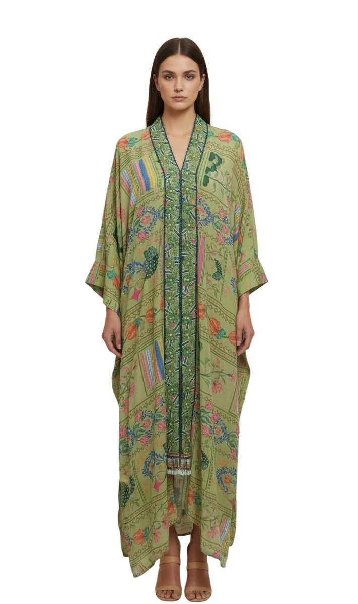 Botanical Print Flowing Kaftan Maxi Dress