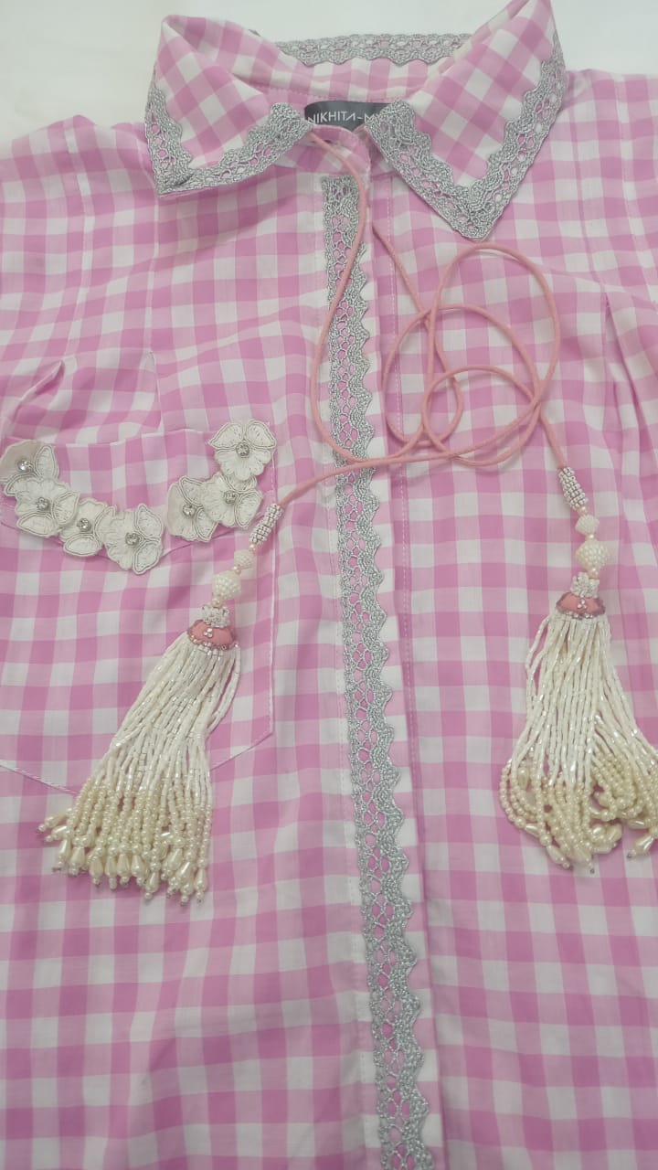 Pink Gingham Checked Women’s Shirt with Lace Detailing