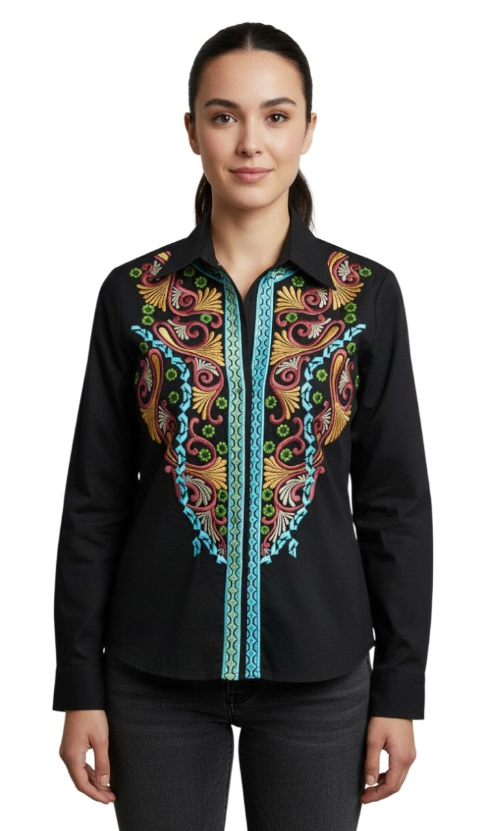 Black Embroidered Statement Shirt Top